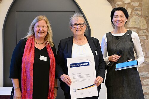 Drei Frauen stehen nebeneinander, die Dame in der Mitte hält eine Urkunde in den Händen.